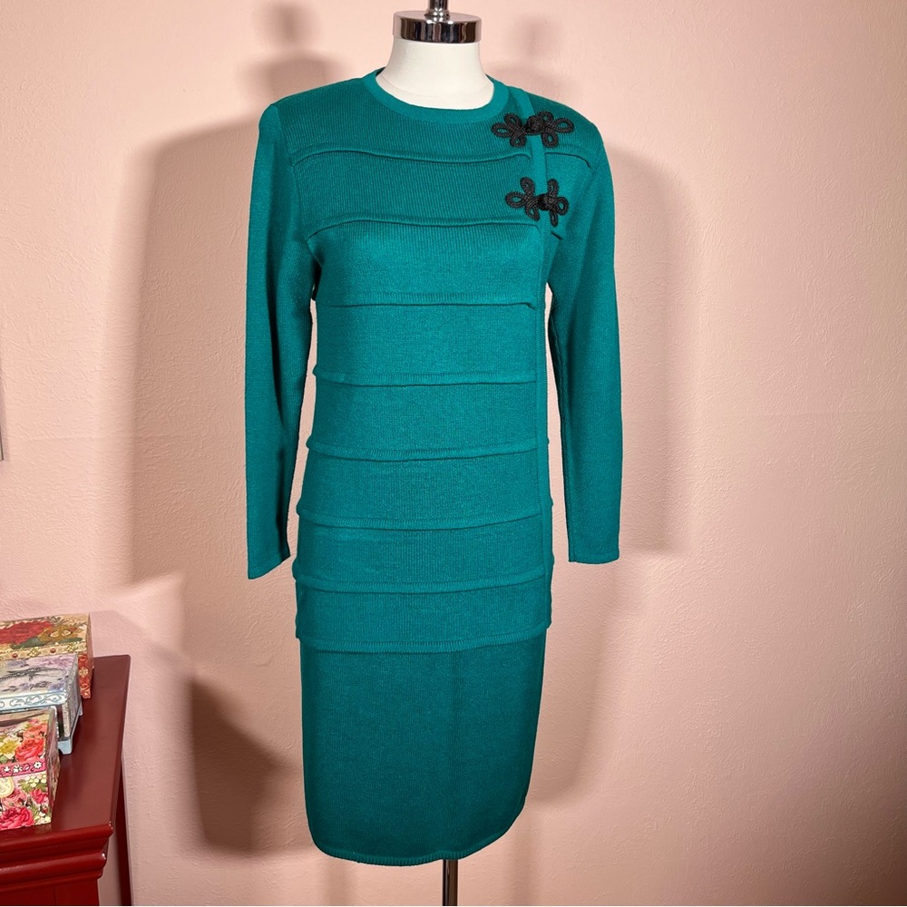 Vintage ILGWU art Deco Teal Green Knit Drop Waist column Skirt Set Dress small